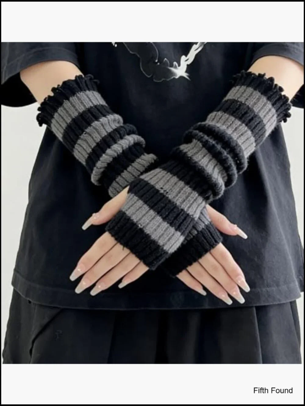 Punk Striped Knit Fingerless Arm Warmers with Thumb Hole Goth Y2k Cosplay Gloves